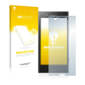 Face avant d’un emballage produit avec le logo de la marque upscreen. À côté, l’appareil Sony Xperia XZ1 Compact est représent