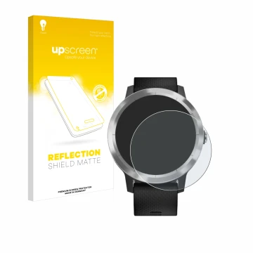 Face avant d’un emballage produit avec le logo de la marque upscreen. À côté, l’appareil Garmin vivoactive 3 est représenté av