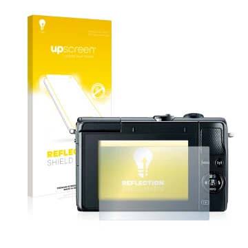 Face avant d’un emballage produit avec le logo de la marque upscreen. À côté, l’appareil Canon EOS M100 est représenté avec la