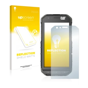 Face avant d’un emballage produit avec le logo de la marque upscreen. À côté, l’appareil Caterpillar Cat S31 est représenté av