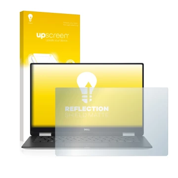 Face avant d’un emballage produit avec le logo de la marque upscreen. À côté, l’appareil Dell XPS 13 9365 2-in-1 est représent