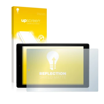 Face avant d’un emballage produit avec le logo de la marque upscreen. À côté, l’appareil Amazon Fire HD 10 2017 (7ème Gen.) es