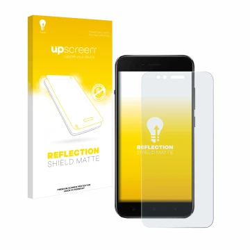 Face avant d’un emballage produit avec le logo de la marque upscreen. À côté, l’appareil Xiaomi Mi A1 est représenté avec la p