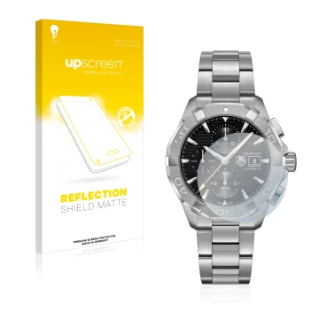 Face avant d’un emballage produit avec le logo de la marque upscreen. À côté, l’appareil TAG Heuer Aquaracer (43 mm) est repré