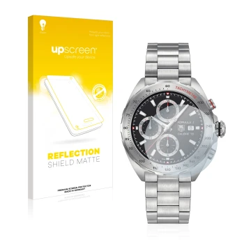 Face avant d’un emballage produit avec le logo de la marque upscreen. À côté, l’appareil TAG Heuer Formula 1 (44 mm) est repré