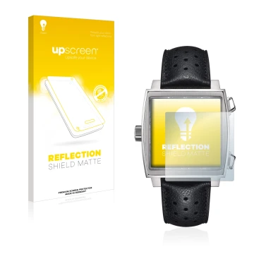 Face avant d’un emballage produit avec le logo de la marque upscreen. À côté, l’appareil TAG Heuer Monaco (39 mm) est représen