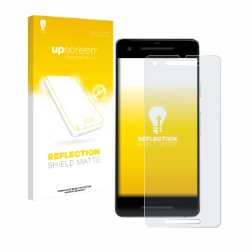 Face avant d’un emballage produit avec le logo de la marque upscreen. À côté, l’appareil Google Pixel 2 est représenté avec la