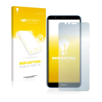 Face avant d’un emballage produit avec le logo de la marque upscreen. À côté, l’appareil Honor 7X est représenté avec la prote