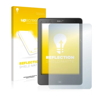 Face avant d’un emballage produit avec le logo de la marque upscreen. À côté, l’appareil Tolino Epos est représenté avec la pr