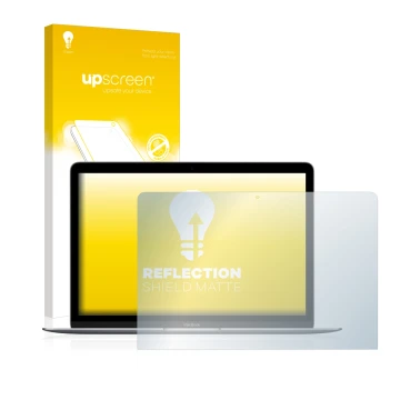 Face avant d’un emballage produit avec le logo de la marque upscreen. À côté, l’appareil Apple MacBook Retina 12