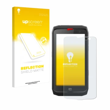 Face avant d’un emballage produit avec le logo de la marque upscreen. À côté, l’appareil Crosscall Action X3 est représenté av