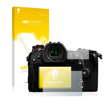 Face avant d’un emballage produit avec le logo de la marque upscreen. À côté, l’appareil Panasonic Lumix DC-G9 est représenté 
