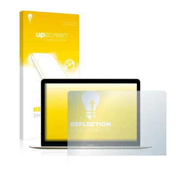 Face avant d’un emballage produit avec le logo de la marque upscreen. À côté, l’appareil Apple MacBook Retina 12