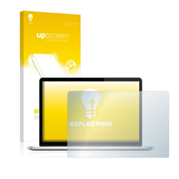 Face avant d’un emballage produit avec le logo de la marque upscreen. À côté, l’appareil Apple MacBook Pro Retina 15