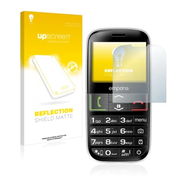 Face avant d’un emballage produit avec le logo de la marque upscreen. À côté, l’appareil Emporia Euphoria V50-3G est représent