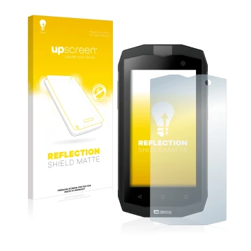 Face avant d’un emballage produit avec le logo de la marque upscreen. À côté, l’appareil Crosscall Trekker M1 Core est représe