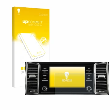 Face avant d’un emballage produit avec le logo de la marque upscreen. À côté, l’appareil Skoda Columbus Kodiaq 2017-2018 Infot