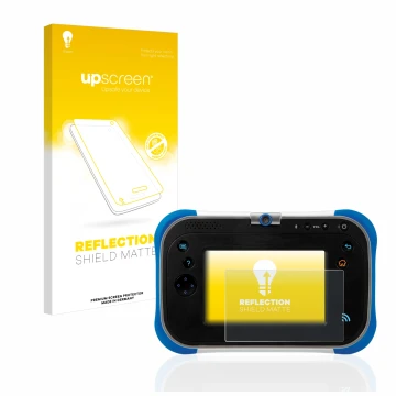 Face avant d’un emballage produit avec le logo de la marque upscreen. À côté, l’appareil Vtech Storio Max 2.0 est représenté a