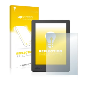 Face avant d’un emballage produit avec le logo de la marque upscreen. À côté, l’appareil Kobo Aura H2O Edition 2 est représent