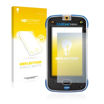 Face avant d’un emballage produit avec le logo de la marque upscreen. À côté, l’appareil Vtech Kidicom Max est représenté avec