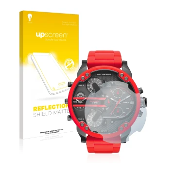 Face avant d’un emballage produit avec le logo de la marque upscreen. À côté, l’appareil Diesel DZ7370 est représenté avec la 