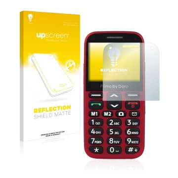 Face avant d’un emballage produit avec le logo de la marque upscreen. À côté, l’appareil Doro Primo 366 est représenté avec la