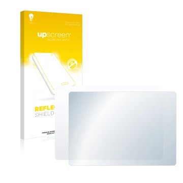 Face avant d’un emballage produit avec le logo de la marque upscreen. À côté, l’appareil Apple Magic 2 (Touch Trackpad) est re