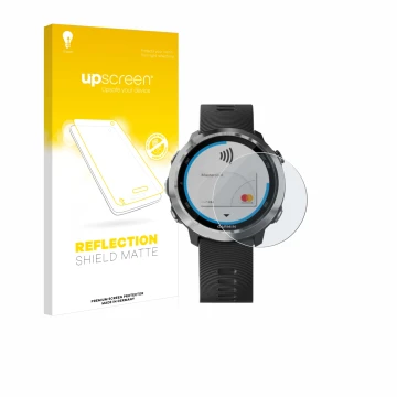 Face avant d’un emballage produit avec le logo de la marque upscreen. À côté, l’appareil Garmin Forerunner 645 est représenté 