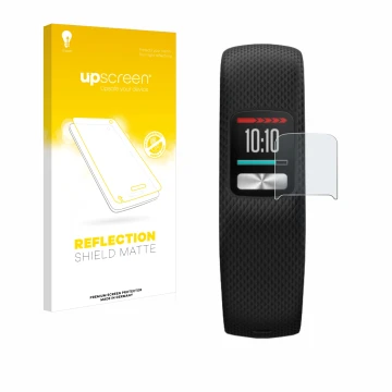 Face avant d’un emballage produit avec le logo de la marque upscreen. À côté, l’appareil Garmin Vivofit 4 est représenté avec 