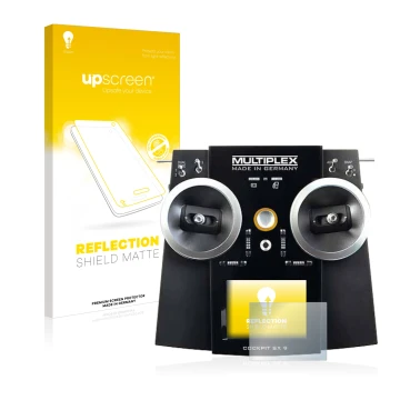 Face avant d’un emballage produit avec le logo de la marque upscreen. À côté, l’appareil Multiplex Cockpit SX9 est représenté 