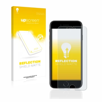 Face avant d’un emballage produit avec le logo de la marque upscreen. À côté, l’appareil Apple iPhone SE 2 2020 est représenté