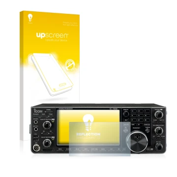 Face avant d’un emballage produit avec le logo de la marque upscreen. À côté, l’appareil Icom IC-7610 est représenté avec la p