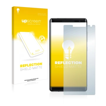 Face avant d’un emballage produit avec le logo de la marque upscreen. À côté, l’appareil Nokia 8 Sirocco est représenté avec l