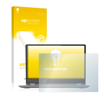 Face avant d’un emballage produit avec le logo de la marque upscreen. À côté, l’appareil Lenovo Yoga 530 est représenté avec l