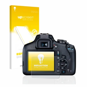 Face avant d’un emballage produit avec le logo de la marque upscreen. À côté, l’appareil Canon EOS 2000D est représenté avec l