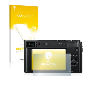 Face avant d’un emballage produit avec le logo de la marque upscreen. À côté, l’appareil Panasonic Lumix DC-TZ202 est représen