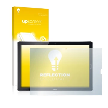Face avant d’un emballage produit avec le logo de la marque upscreen. À côté, l’appareil Huawei MediaPad M5 10.8 est représent
