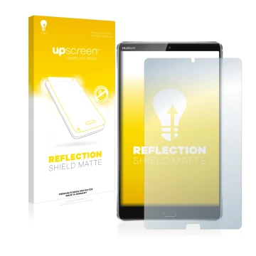 Face avant d’un emballage produit avec le logo de la marque upscreen. À côté, l’appareil Huawei MediaPad M5 8.4 est représenté