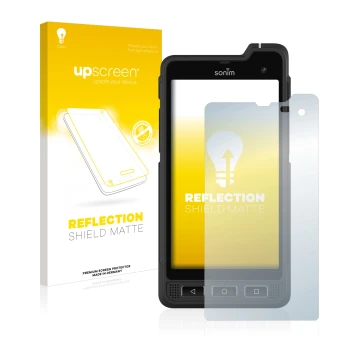 Face avant d’un emballage produit avec le logo de la marque upscreen. À côté, l’appareil Sonim XP8 est représenté avec la prot