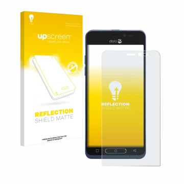 Face avant d’un emballage produit avec le logo de la marque upscreen. À côté, l’appareil Doro 8035 est représenté avec la prot