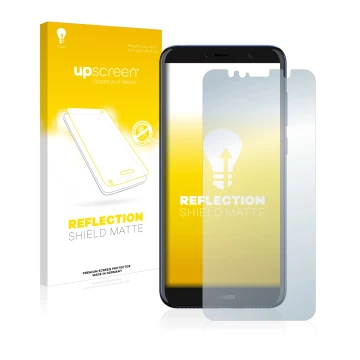 Face avant d’un emballage produit avec le logo de la marque upscreen. À côté, l’appareil Huawei Y6 2018 est représenté avec la