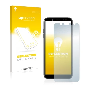 Face avant d’un emballage produit avec le logo de la marque upscreen. À côté, l’appareil Samsung Galaxy A6 2018 est représenté