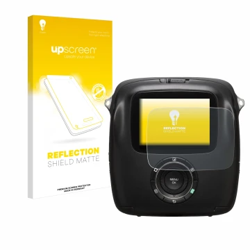 Face avant d’un emballage produit avec le logo de la marque upscreen. À côté, l’appareil Fujifilm Instax Square SQ10 est repré