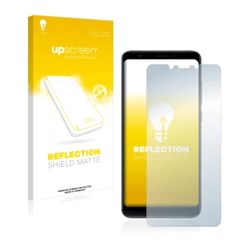 Face avant d’un emballage produit avec le logo de la marque upscreen. À côté, l’appareil Xiaomi Mi A2 est représenté avec la p