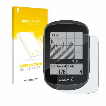 Face avant d’un emballage produit avec le logo de la marque upscreen. À côté, l’appareil Garmin Edge 130 est représenté avec l