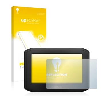 Face avant d’un emballage produit avec le logo de la marque upscreen. À côté, l’appareil Garmin zumo 396 LMT-S est représenté 
