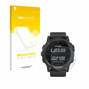 Face avant d’un emballage produit avec le logo de la marque upscreen. À côté, l’appareil Garmin Tactix Charlie est représenté 