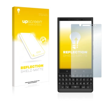 Face avant d’un emballage produit avec le logo de la marque upscreen. À côté, l’appareil BlackBerry Key2 est représenté avec l