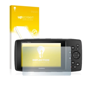 Face avant d’un emballage produit avec le logo de la marque upscreen. À côté, l’appareil Garmin GPSMAP 276Cx est représenté av