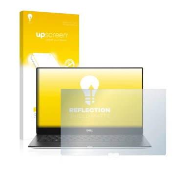 Face avant d’un emballage produit avec le logo de la marque upscreen. À côté, l’appareil Dell XPS 13 9370 est représenté avec 